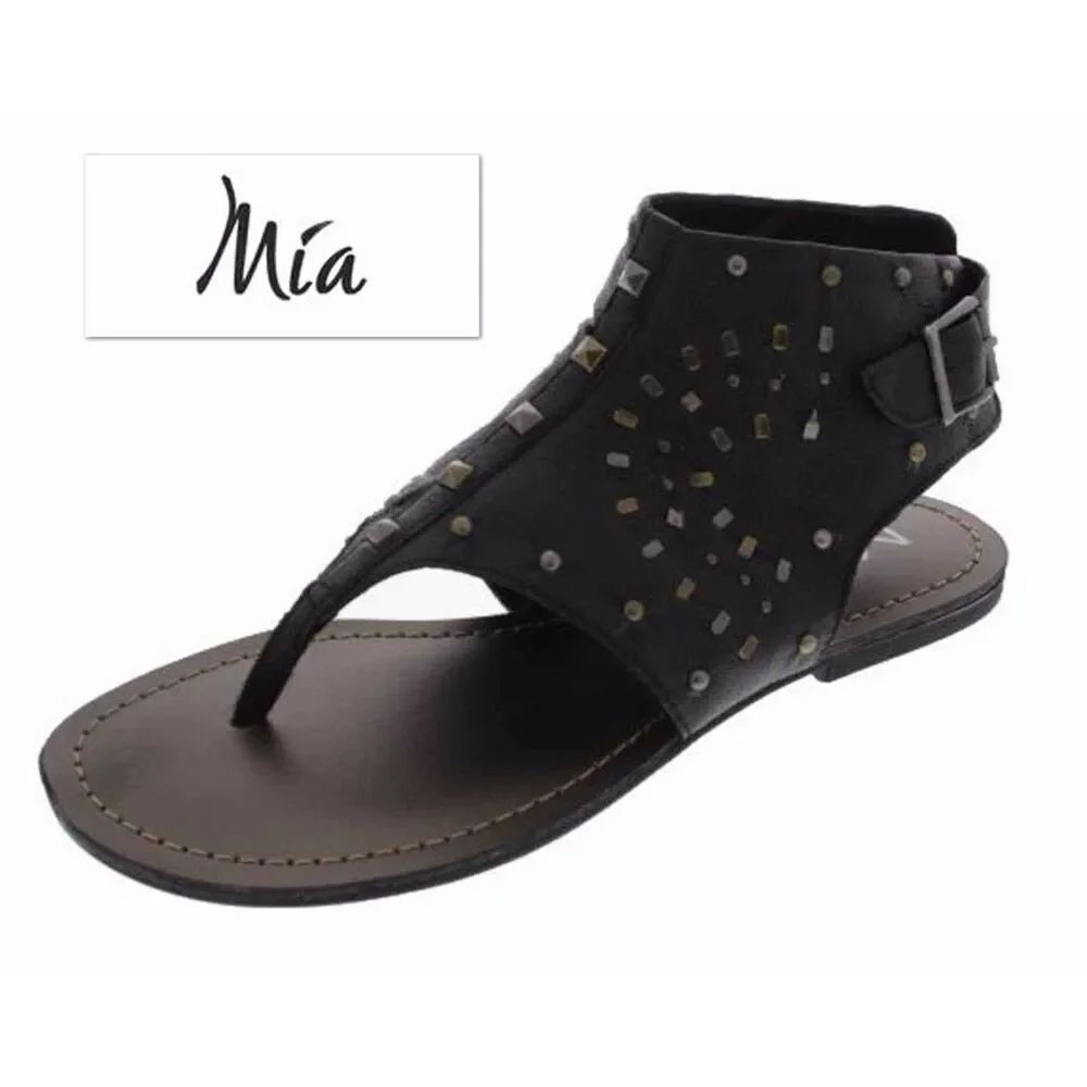 NWT in Box Mia Sz 5.5 Egipcian /  Gladiator Women Black Leather Sandals